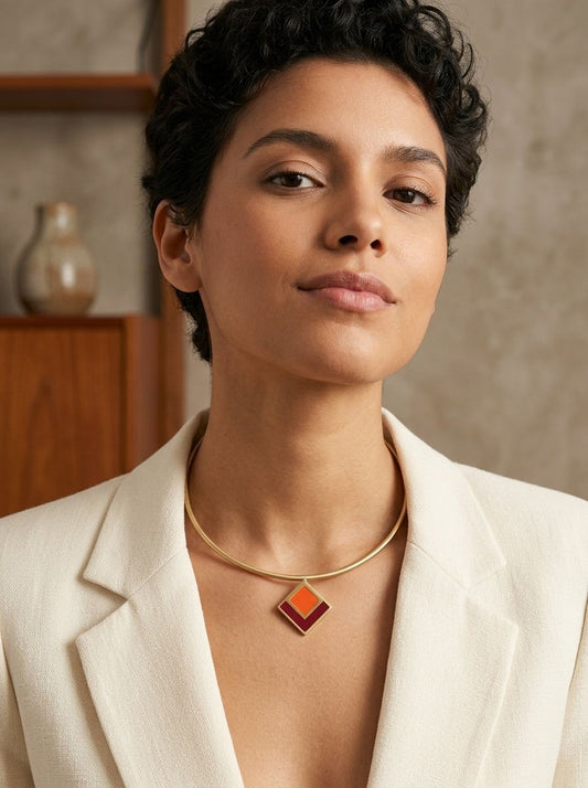 Pure Brass Hasli Neckpiece with Geometric Enamel Pendant for Women - Fusion Contemporary Wear