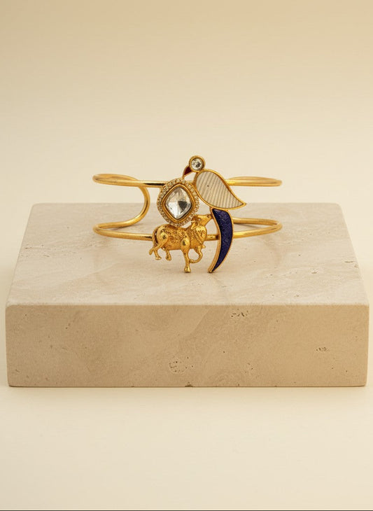 Rajsi Gold-Plated Pachi Motif Fusion Cuff Bracelet with Polki & Stone Detailing for Women - Special Occasions
