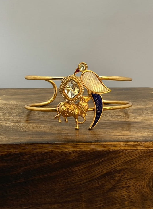 Rajsi Gold-Plated Pachi Motif Fusion Cuff Bracelet with Polki & Stone Detailing for Women - Special Occasions