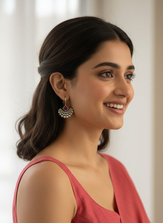 Rani Hook Chandbali Earrings with Dark Pink Stone Accent for Women - Everyday Wear