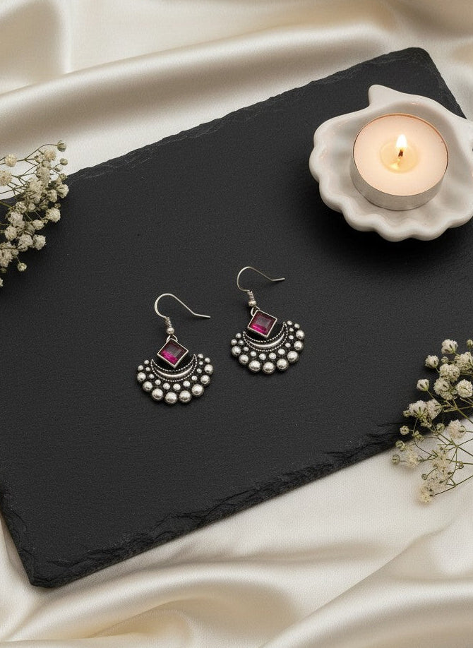 Rani Hook Chandbali Earrings with Dark Pink Stone Accent for Women - Everyday Wear
