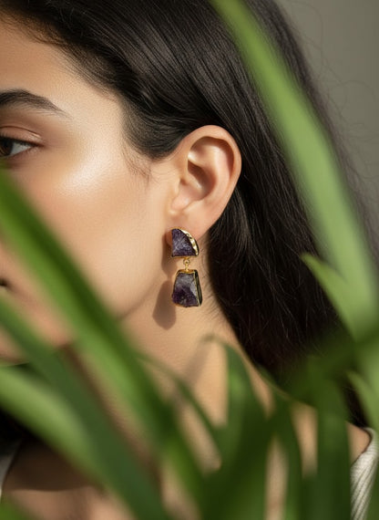 Raw Amethyst Geode Gold Drop Earrings for Women - Special Occasions