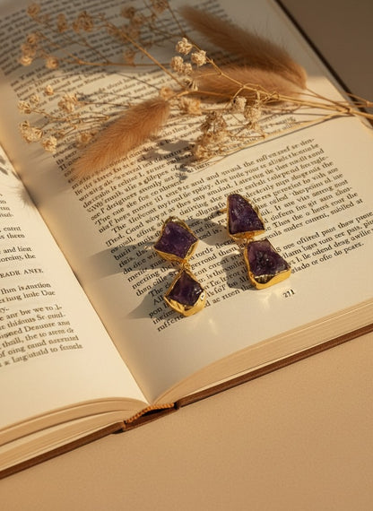 Raw Amethyst Geode Gold Drop Earrings for Women - Special Occasions