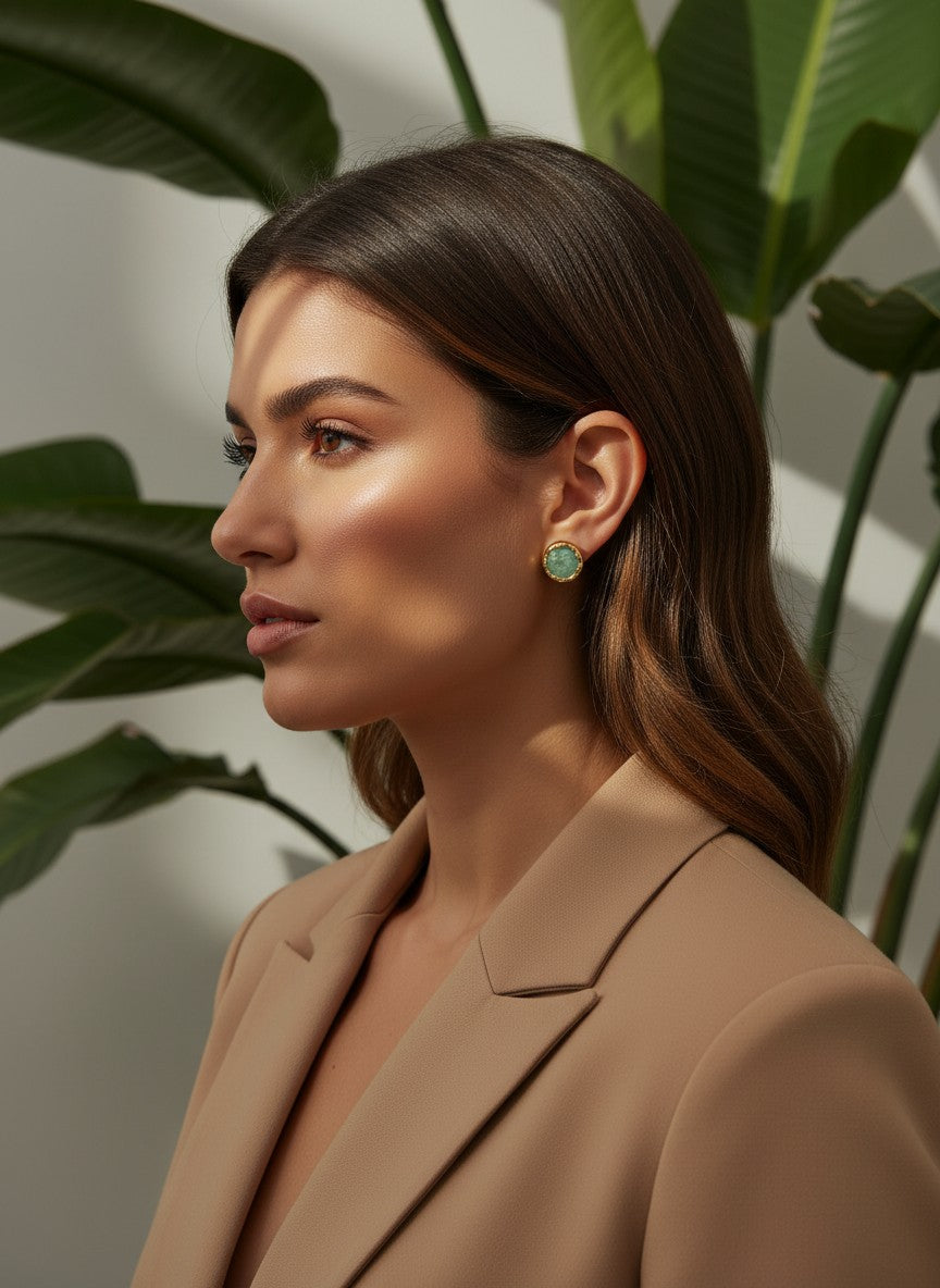 Raw Green Aventurine Gold Stud Earrings for Women - All Occasion wear