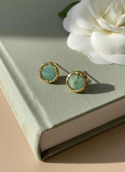 Raw Green Aventurine Gold Stud Earrings for Women - All Occasion wear