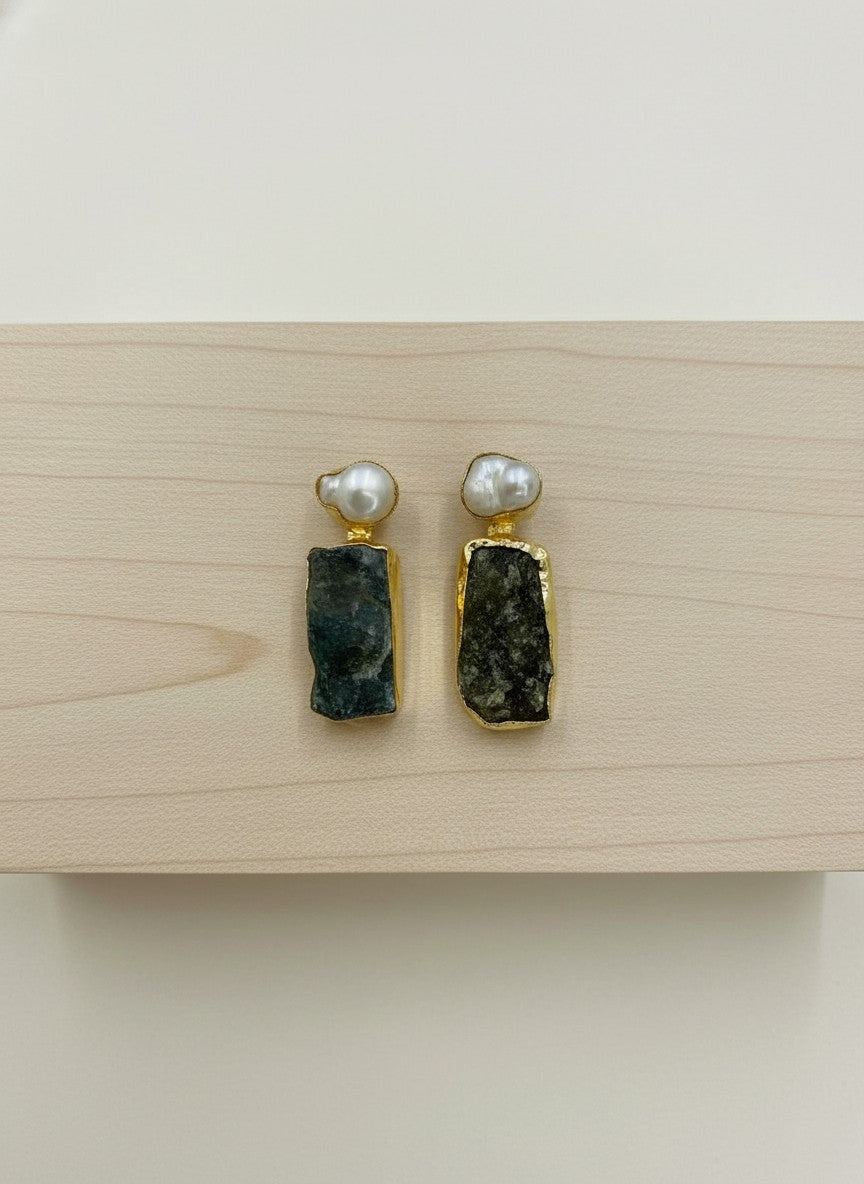 Raw Stone & Baroque Pearl Gold Statement Earrings for Women - All occasion wear