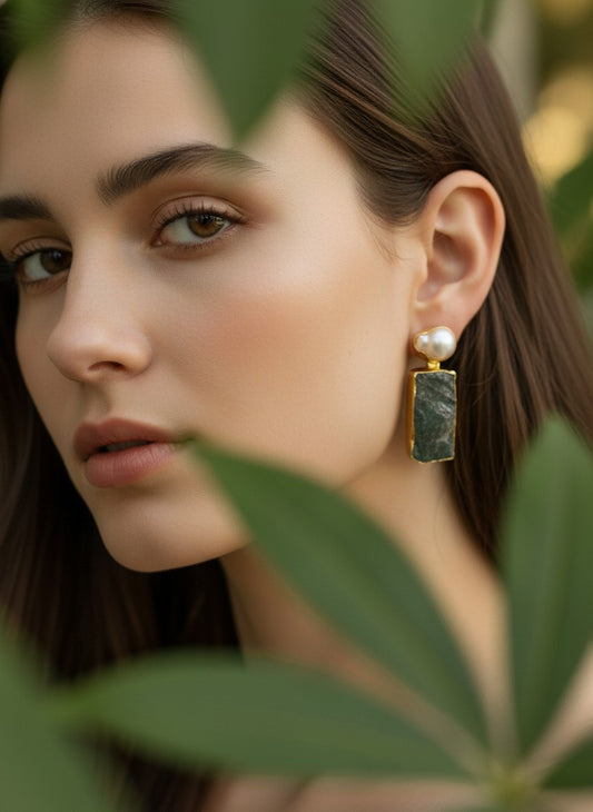 Raw Stone & Baroque Pearl Gold Statement Earrings for Women - All occasion wear