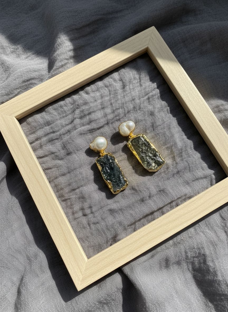 Raw Stone & Baroque Pearl Gold Statement Earrings for Women - All occasion wear