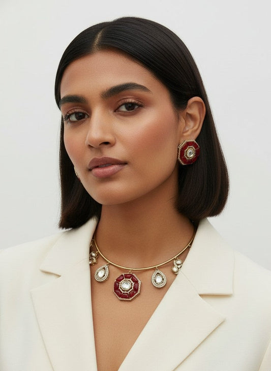 Red Octagon Polki Jewelry Set – Hasli with Matching Earrings for Women - Statement Wear