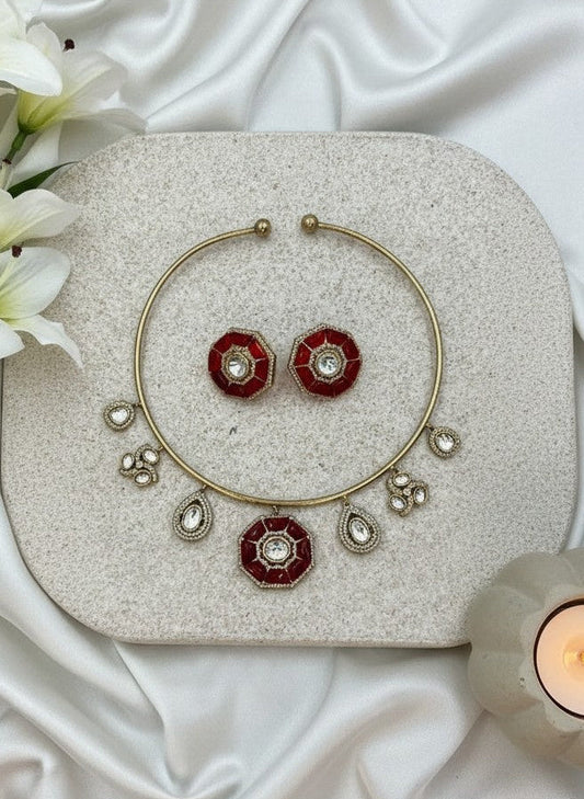 Red Octagon Polki Jewelry Set – Hasli with Matching Earrings for Women - Statement Wear