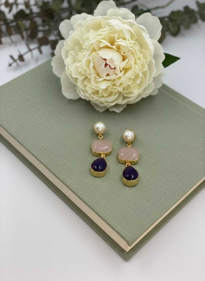 Rose Quartz & Amethyst Pearl Gold Drop Dangler Earrings for Women - Party & Special Occasions