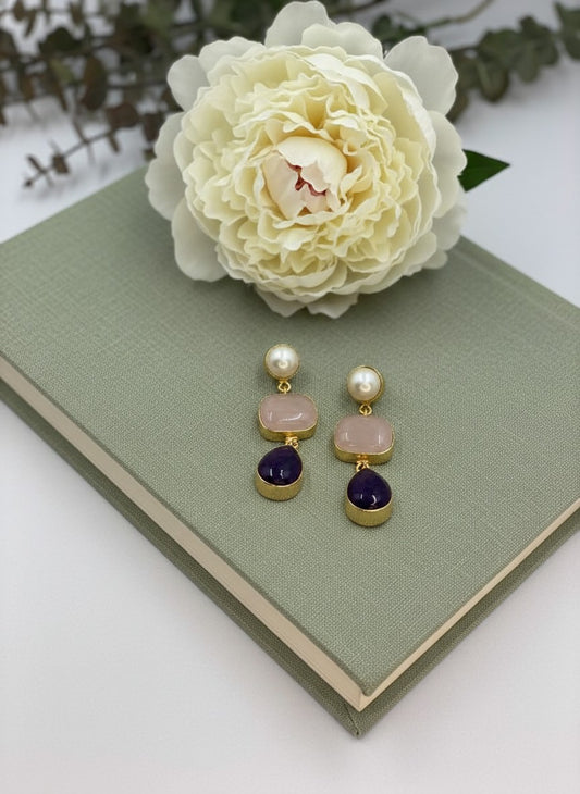 Rose Quartz & Amethyst Pearl Gold Drop Dangler Earrings for Women - Party & Special Occasions