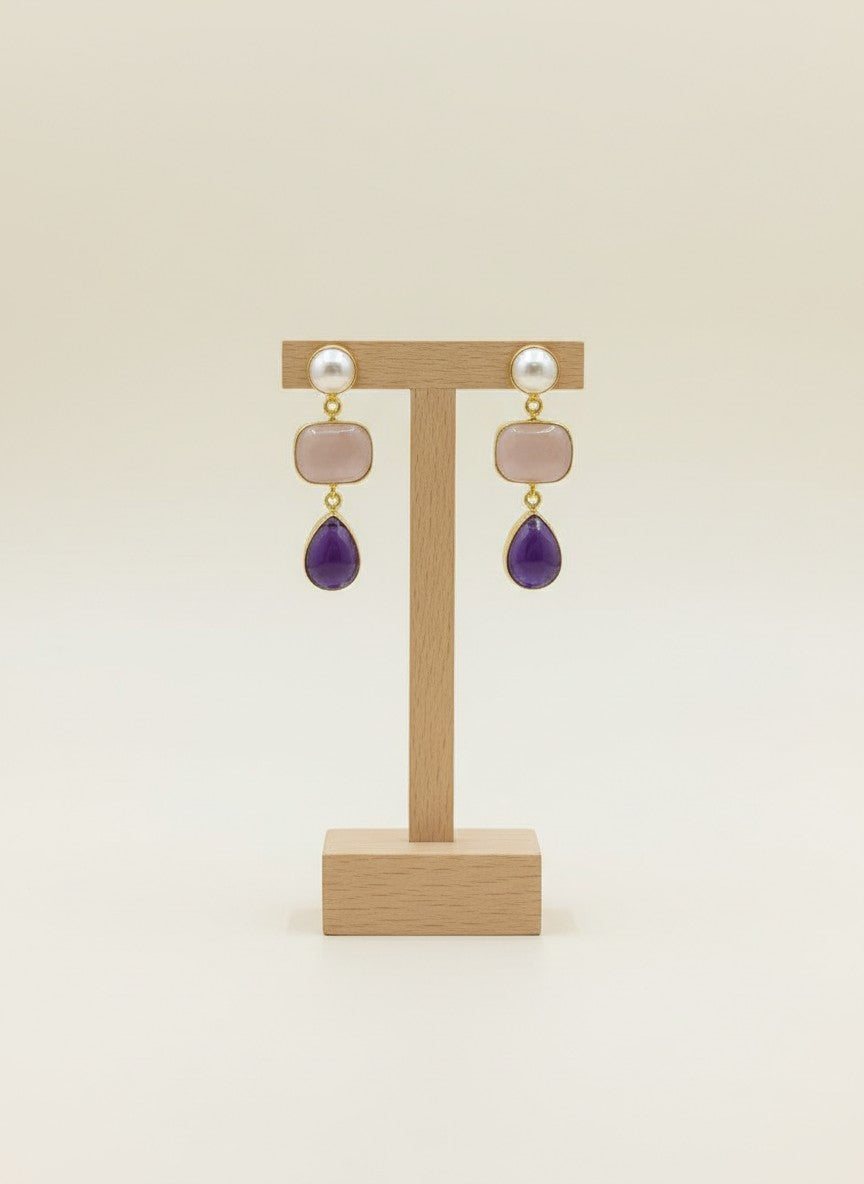 Rose Quartz & Amethyst Pearl Gold Drop Dangler Earrings for Women - Party & Special Occasions