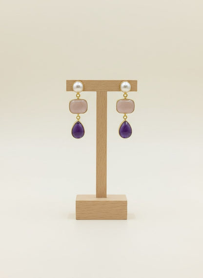 Rose Quartz & Amethyst Pearl Gold Drop Dangler Earrings for Women - Party & Special Occasions