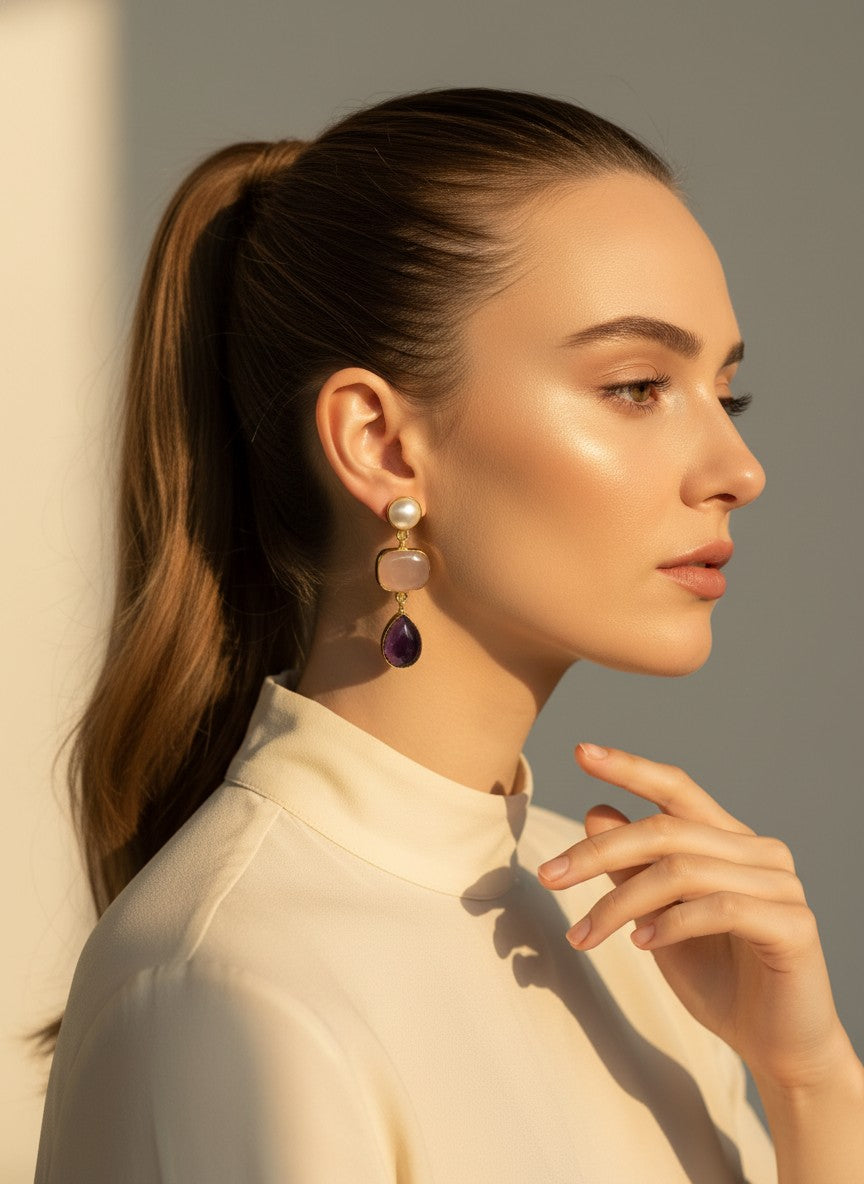 Rose Quartz & Amethyst Pearl Gold Drop Dangler Earrings for Women - Party & Special Occasions