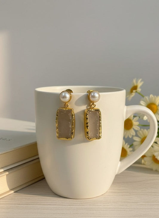 Rose Quartz Drop Pearl Stud Earrings for Women - All Occasion wear