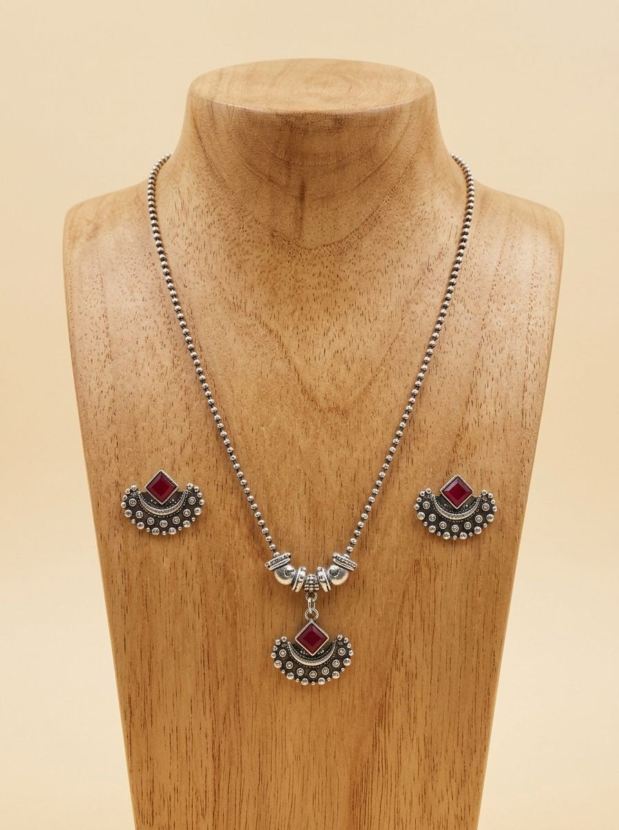 Ruby Crescent Silver Oxidised  Necklace Set for Women - Everyday Ethnic Wear
