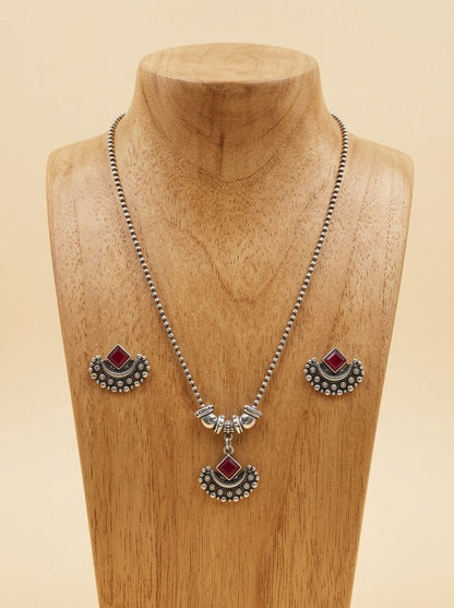 Ruby Crescent Silver Oxidised  Necklace Set for Women - Everyday Ethnic Wear