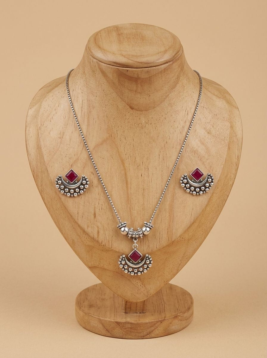 Ruby Crescent Silver Oxidised  Necklace Set for Women - Everyday Ethnic Wear