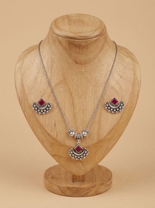 Ruby Crescent Silver Oxidised  Necklace Set for Women - Everyday Ethnic Wear