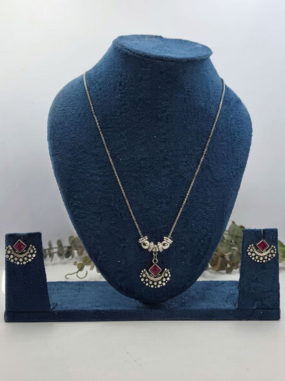 Ruby Crescent Silver Oxidised  Necklace Set for Women - Everyday Ethnic Wear