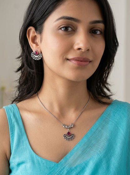 Ruby Crescent Silver Oxidised  Necklace Set for Women - Everyday Ethnic Wear