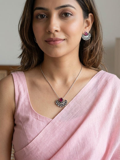 Ruby Crescent Silver Oxidised  Necklace Set for Women - Everyday Ethnic Wear