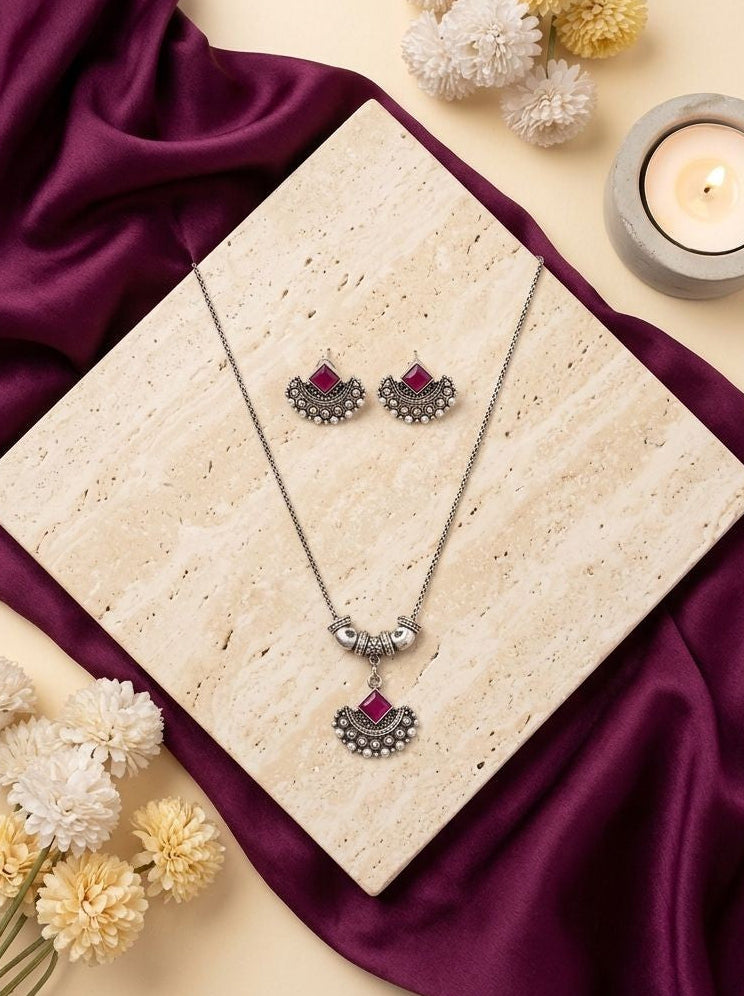 Ruby Crescent Silver Oxidised  Necklace Set for Women - Everyday Ethnic Wear