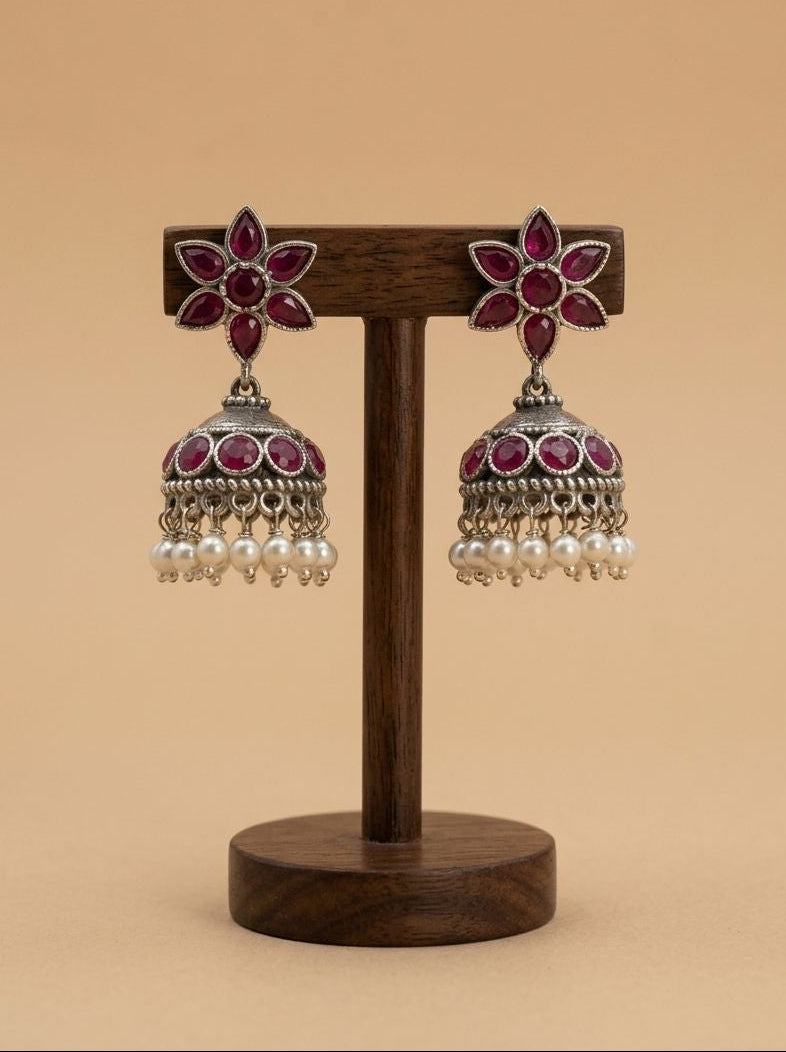 Ruby Floral Silver Oxidized Jhumka Earrings for Women - Ethnic Indian Wear