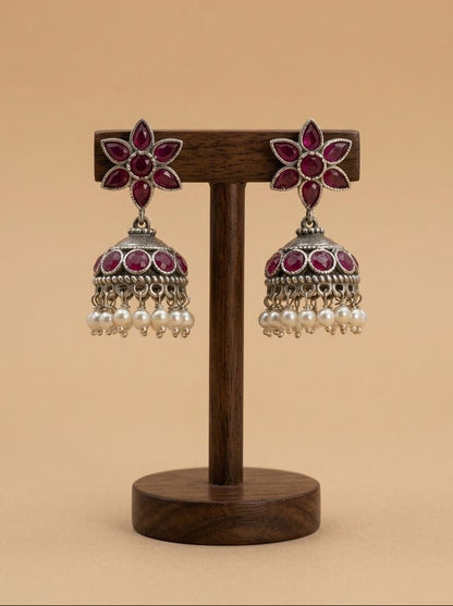 Ruby Floral Silver Oxidized Jhumka Earrings for Women - Ethnic Indian Wear