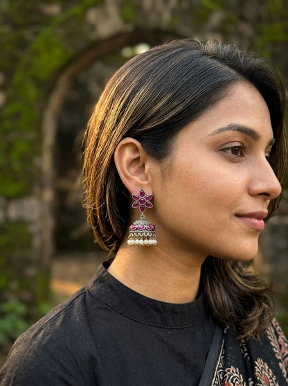Ruby Floral Silver Oxidized Jhumka Earrings for Women - Ethnic Indian Wear