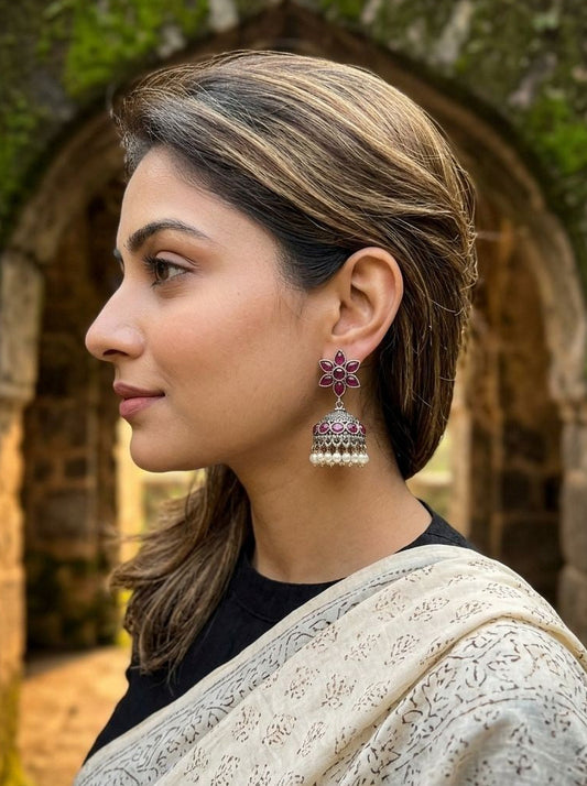 Ruby Floral Silver Oxidized Jhumka Earrings for Women - Ethnic Indian Wear