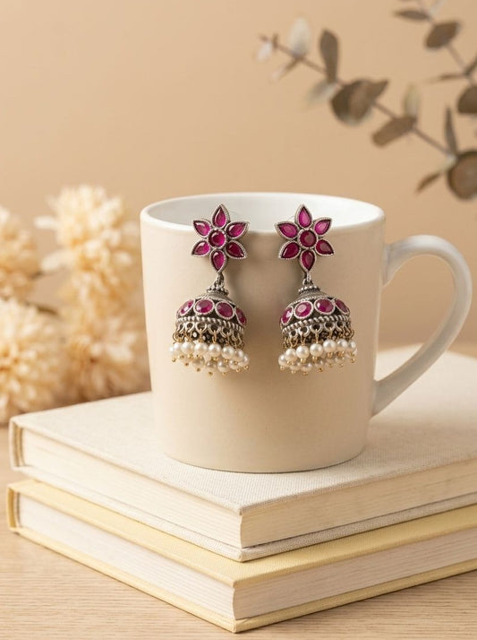 Ruby Floral Silver Oxidized Jhumka Earrings for Women - Ethnic Indian Wear