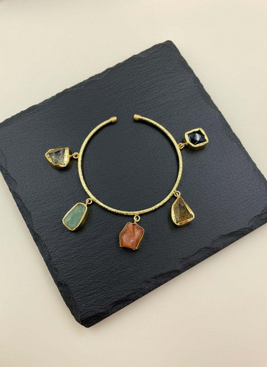 Eira Gold-Plated Raw Multi-Stone Charm Bangle Bracelet for Women - All Occasions Wear