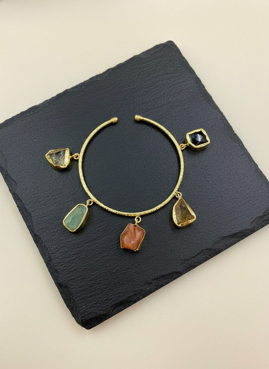 Eira Gold-Plated Raw Multi-Stone Charm Bangle Bracelet for Women - All Occasions Wear
