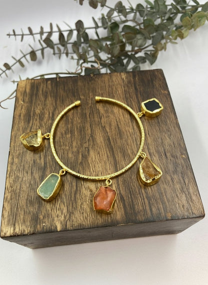 Eira Gold-Plated Raw Multi-Stone Charm Bangle Bracelet for Women - All Occasions Wear