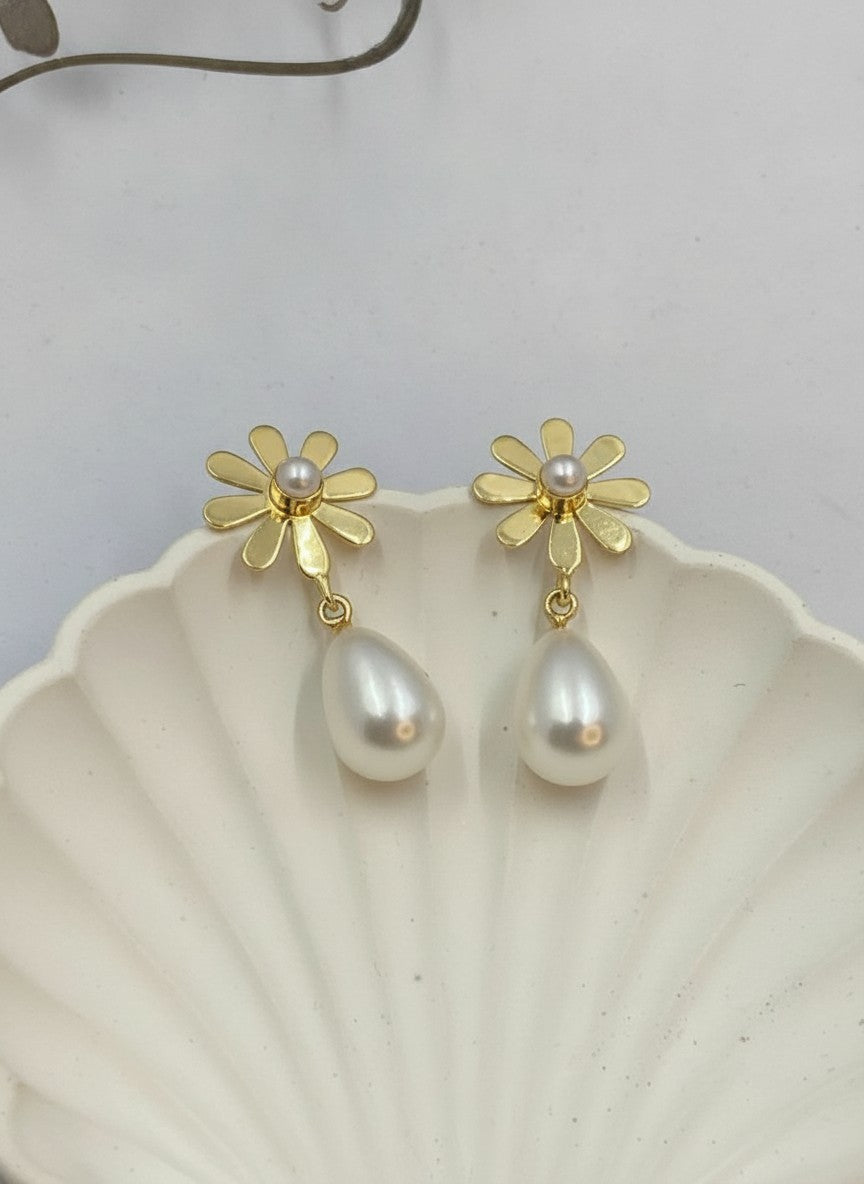 Gold Plated Minimal Daisy Floral Pearl Drop Earrings for Women - Western Formal Wear