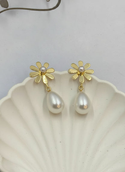Gold Plated Minimal Daisy Floral Pearl Drop Earrings for Women - Western Formal Wear
