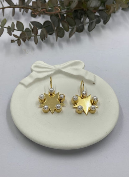 Gold-Plated Starburst Pearl Drop Hook Earrings for Women - Everyday Office Casual Wear