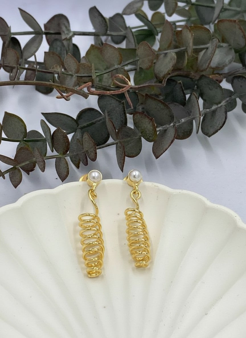 Gold-Plated Spiral Coil Drop Earrings with Pearl Stud for Women - Versatile All Occasions