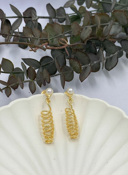 Gold-Plated Spiral Coil Drop Earrings with Pearl Stud for Women - Versatile All Occasions