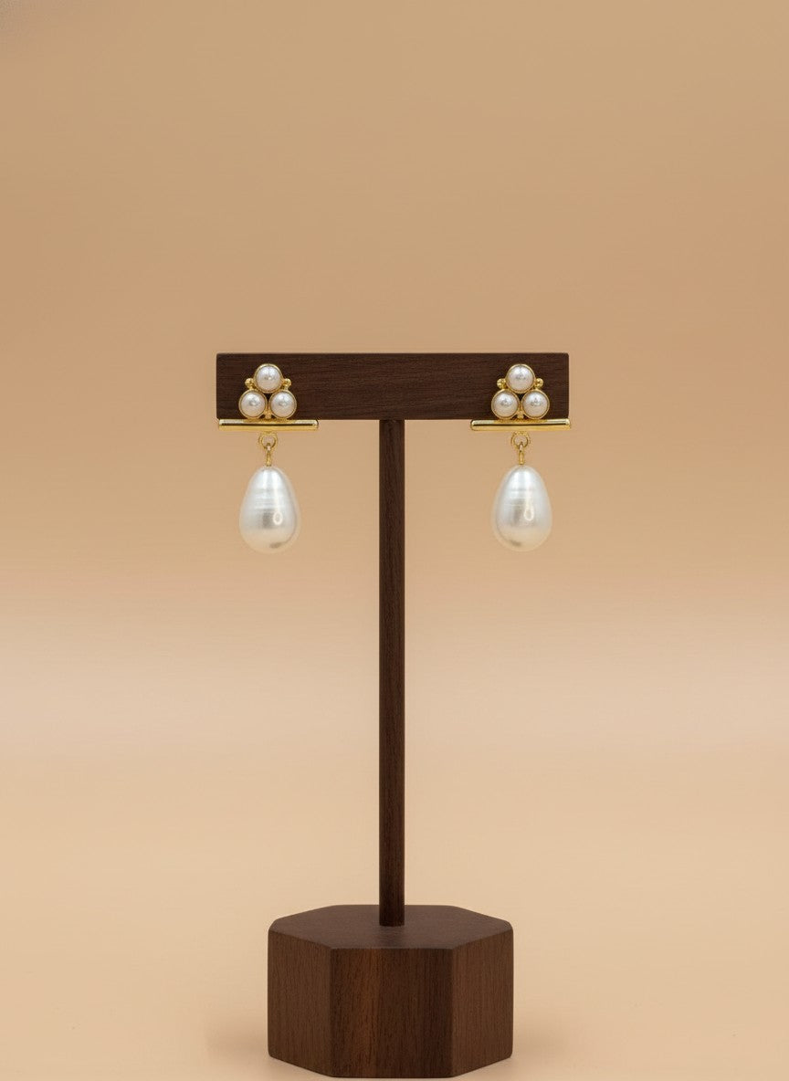 Gold-Plated Pearl Drop Earrings with Pearl Cluster Stud Detail for Women - Everyday Casual Wear