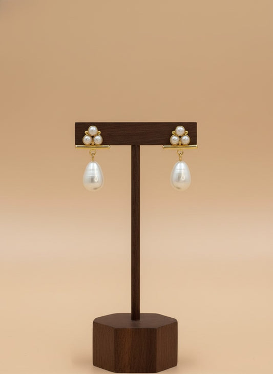 Gold-Plated Pearl Drop Earrings with Pearl Cluster Stud Detail for Women - Everyday Casual Wear