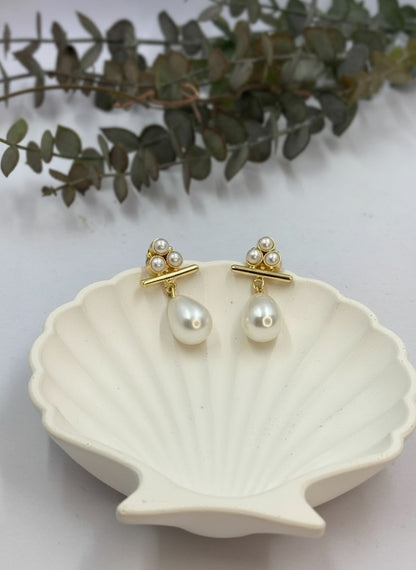 Gold-Plated Pearl Drop Earrings with Pearl Cluster Stud Detail for Women - Everyday Casual Wear