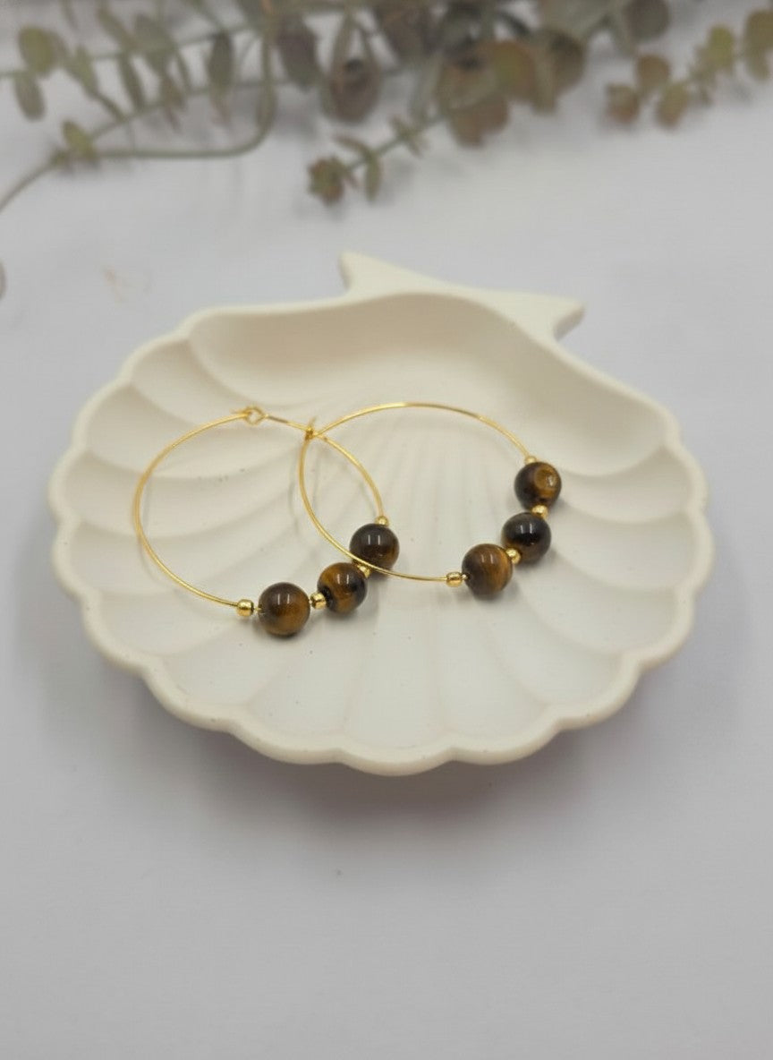 Gold Plated Hoop Earrings with Tiger Eye Beads for Women - Everyday Wear