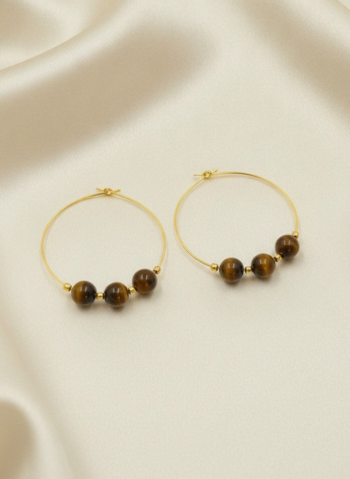 Gold Plated Hoop Earrings with Tiger Eye Beads for Women - Everyday Wear
