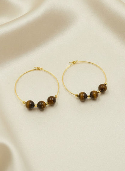 Gold Plated Hoop Earrings with Tiger Eye Beads for Women - Everyday Wear