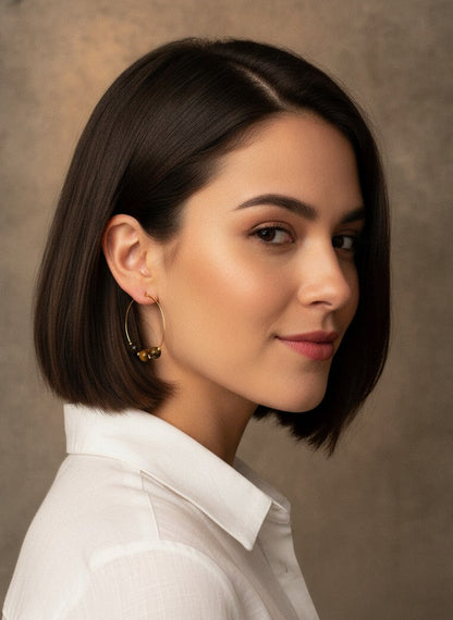 Gold Plated Hoop Earrings with Tiger Eye Beads for Women - Everyday Wear
