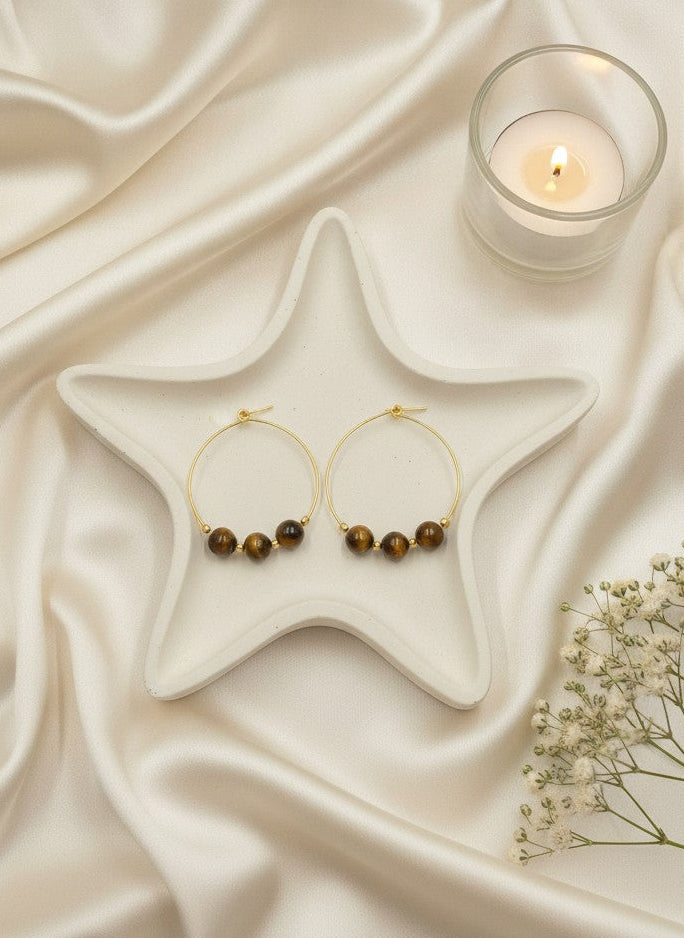 Gold Plated Hoop Earrings with Tiger Eye Beads for Women - Everyday Wear