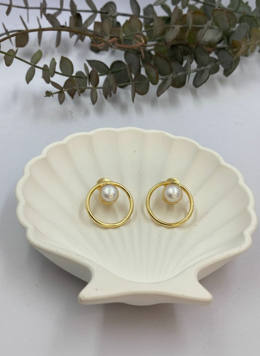 Gold-Plated Minimal Circle Pearl Stud Earrings for Women - Everyday Office Wear